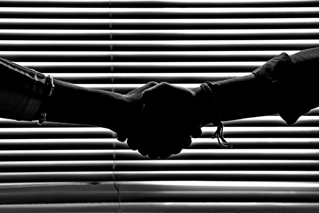 Two people shaking hands in front of window blinds